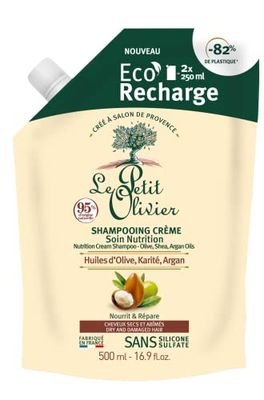 LE PETIT OLIVIER - Eco-Recharge Shampooing Crème Soin Nutrition - Huiles D'Olive, Karité & Argan - Nourrit & Répare - Cheveux Secs & Abîmés - Sans Silicone, Sans Sulfate - Fabriqué en France - 500ml