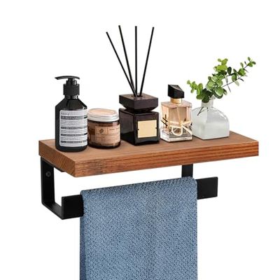 Winmien Hand Towel Holder/Towel Ring with Wooden Shelf, Premium Metal Hand Towel Rack, Hand Towel Hanger for Bathroom, Bath Accessories Wall Mounted (Matte Black, 9 Inch)
