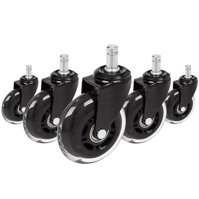 hjh OFFICE 729404 Stol på hjul 5x ROLO SKATE 11mm/75mm med låsbar broms | Hårda golv - 5-pack, Högkvalitativa hjul i Skate-design för hårda golv, Glider tyst utan störande ljud