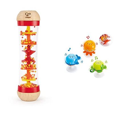 Hape Juego de Sonajeros Adhesivos, Tres Juguetes Sonajeros Adhesivos de Animales Marinos & Hape Palo de Lluvia, Mini Juguete Musical de Madera Palo de Lluvia y Sonajero, Rojo
