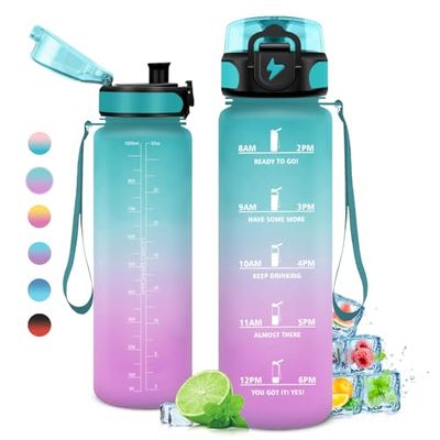 KollyKolla Botella de Agua Deportiva, Botella Agua 1 litro, Botella Agua Motivadora sin BPA & Prueba de Fugas, Reutilizable Cantimplora para Adulto, Colegio, Gimnasio, Oficina, Bicicleta, Gym, Fitness