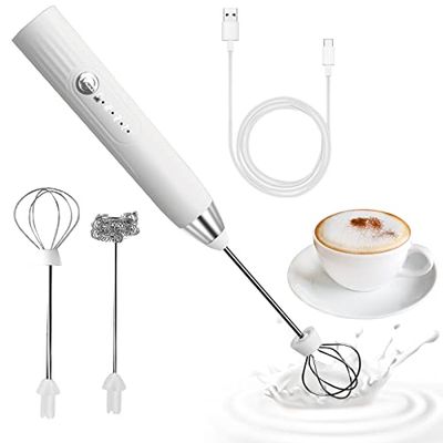 Espumador de Leche, USB Recargable Batidor de Leche, 3 Velocidades Vaporizador de leche, Bubbler Leche para Capuchino, Café-Negro (Blanco Plateado)