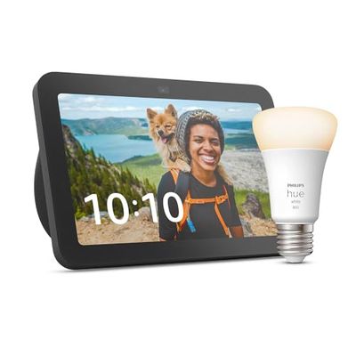 Echo Show 8 (3ª gen.) | Antracite + Philips Hue White Lampadina LED Smart (E27), compatibile con Alexa - Kit di base per Casa Intelligente