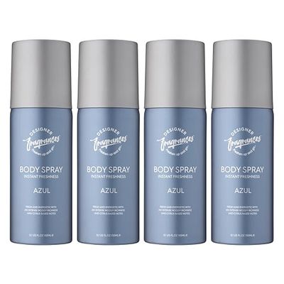 Designer Fragrances 4 Pack Azul Men's Body Spray Deodorant Cans - For Instant Freshness on The Go - Long Lasting Smell - Great Male Gift Sets - 150ml