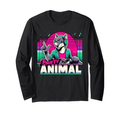 Fiesta Animal DJ EDM Música Lobo Fursona Peludo Fandom Retro Manga Larga