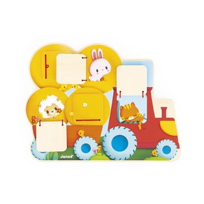 Janod Puzzle de Madera Tractor Escondite-5 Puertas para Abrir-Desarrolla la motricidad Fina-Juguete evolutivo para niños-A Partir de 12 meses-J07128 (JURATOYS J07128)