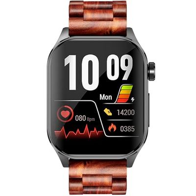 Knauermann PRO 3 (2024) zwart - gezondheidshorloge smartwatch met telefoonfunctie - OSRAM sensoren - ECG + HRV-functie - BT Bluetooth - slaapapneu - bloeddruk - echt houten band donkerbruin, 14-24,