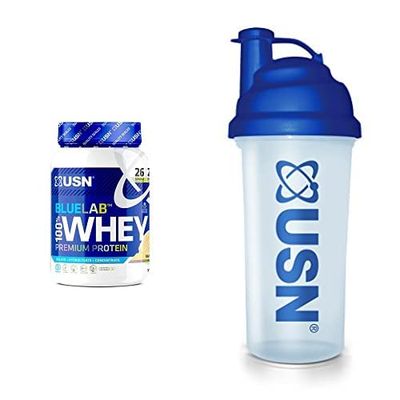 Bundle of USN Blue Lab Whey Protein Powder 908g, Vanilla Flavour + USN Protein Shaker, 700 ml