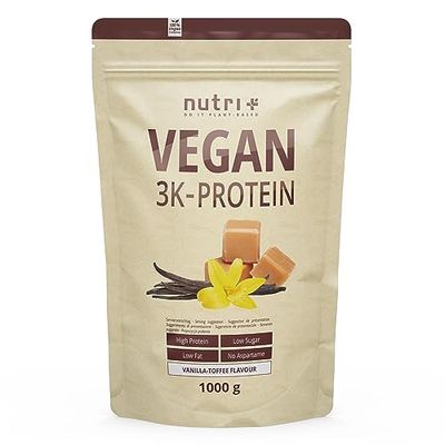 Nutri + Vegan Protein Vanille Toffee 1kg - 80% de protéines végétales pour maigrir - 3k mélange de poudre - croissance musculaire sans lactose à faible teneur en sucre