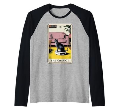 Tarot Card The Chariot Cat Robot Aspirador Divertido Gato Camiseta Manga Raglan