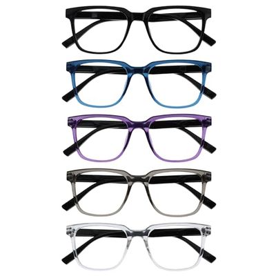 OPULIZE LEO Reading Glasses - 5 -Pack - Large Rectangular Frame - Black, Blue, Purple, Grey, Clear - Mens Womens - Spring Hinges - RRRRR55-1357C - +2.50