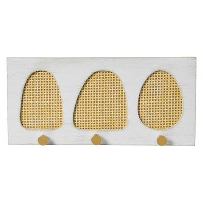DRW Wandgarderobe van hout en wilg met 3 haken, wit en natuur, 36 x 4 x 17 cm