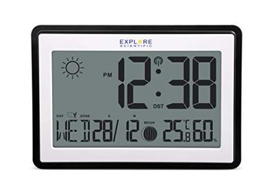 Explore Scientific RDC8002 radiogestuurde wand- of tafelklok, maanfasen, binnentemperatuur en luchtvochtigheid, wandhaak en bureauhouder, zwart