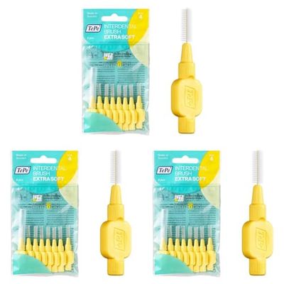 TePe Brossettes interdentaires Extra Soft - Nettoyage en douceur des espaces interdentaires - 1 x 8 brossettes - Diamètre 0,7mm - Jaune (Lot de 3)