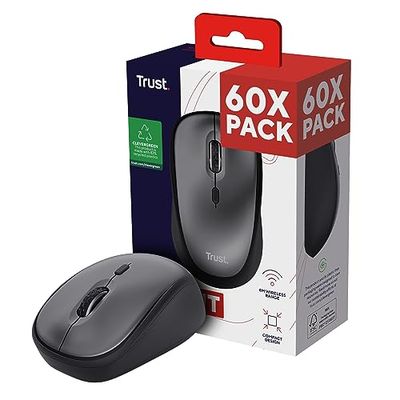 Trust Yvi+ 60 Pack - 60x Mouse Wireless Silenzioso con Design Sostenibile, per Mano Sinistra e Destra, Microricevitore USB, Mouse Senza Fili Compatto per PC, Computer, Laptop, Mac - Nero