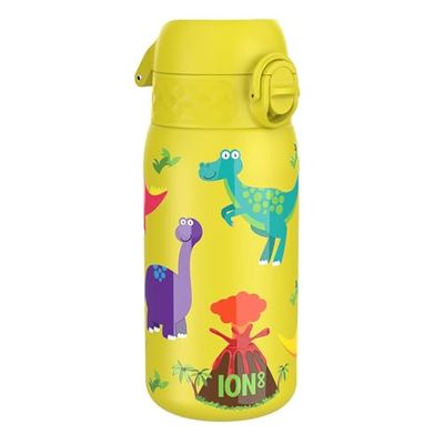 ION8 Geïsoleerde Stalen Waterfles, 320ml/11 oz, Lekvrij, Makkelijk te Openen, Veilige Sluiting, Vaatwasserbestendig, Draaghandvat, Hygiënische Flip Cover, Reliëfprint, Ontwerp Dinosaurussen Drinkfles
