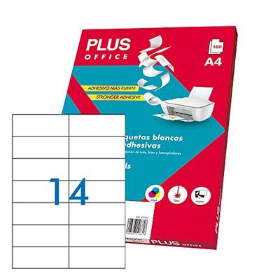 Plus Office - Étiquettes blanches autocollantes à imprimer, 100 feuilles de papier autocollant sur feuilles A4 pour imprimantes jet d'encre, laser et copieur, 14 étiquettes par feuille (105 x 42 mm)