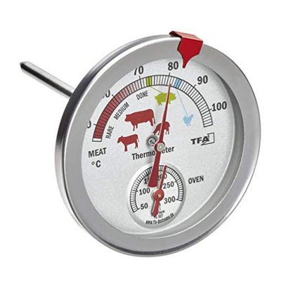 TFA Dostmann Analoge braad-/oventhermometer 14.1027, van roestvrij staal, hittebestendig, met verschillende gaarstanden, voor kerntemperatuurmeting, zilver van roestvrij staal, Ø 74 x (H) 115 mm
