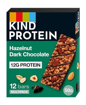 KIND Protein Bars, Gluten Free Snack Bars, Hazelnut Dark Chocolate, High Fibre, Healthy Snack, Source of Protein, Multipack 12 x 50g,Packaging may vary