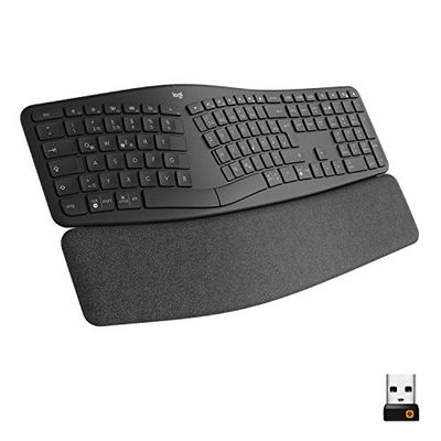 Logitech ERGO K860 – draadloos ergonomisch toetsenbord (QWERTZ Layout, Duitse Versie), polssteun en -steun voor natuurlijk typen. Windows/Mac, Bluetooth, USB-ontvanger inbegrepen - GRAPHITE