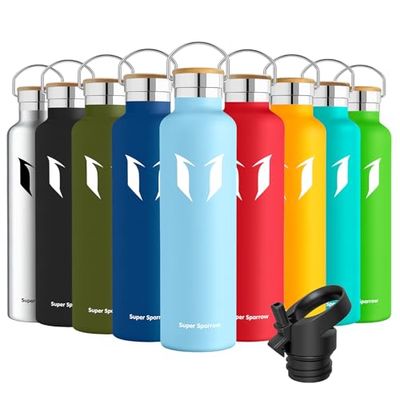 Super Sparrow Botella Agua Acero Inoxidable - Botella Agua Niños - 1L - Botella Termica Boca Estándar - Sin BPA, para Niños & Adultos, Deporte, Oficina, Yoga, Ciclismo