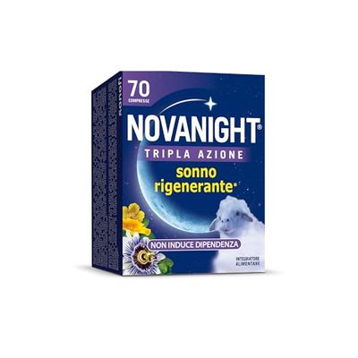 Novanight Tripla Azione Melatonina per Dormire, Integratori per Dormire, Disturbi del Sonno - Senza Glutine, con Melatonina, Escolzia, Passiflora, Melissa. Non Induce Dipendenza (70 Compresse)