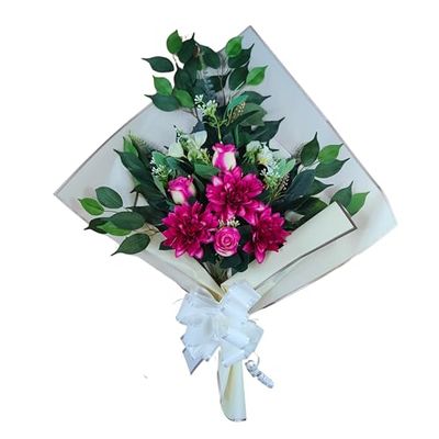 DRW Bouquet de fleurs artificielles pour cimetière à mettre dans un pot, un vase ou sur une tombe 73 x 63 x 20 cm (dahlias fuchsias)