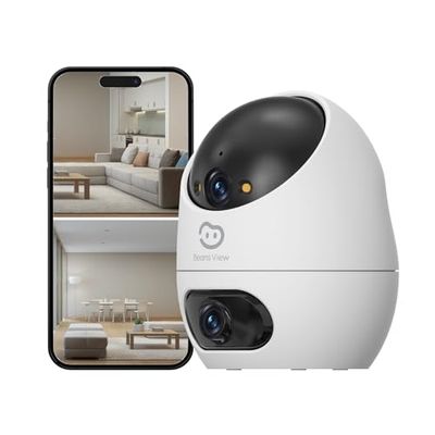 Beans View 2K (3MP+3MP) Telecamera per interni a doppio obiettivo, Sicurezza a 360°, Visione notturna a colori, Supporto Scheda SD da 512 GB, 2.4GHz, Compatibile con Alexa, Rilevamento di Persone D220
