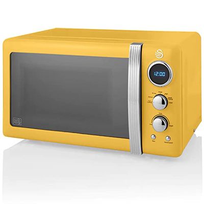 Swan Retro SM22030YELNEU Microonde Digitale 20L, 5 Livelli di Potenza, Funzione di Scongelamento, Timer 60 Minuti, Piatto Girevole 27 cm, Giallo