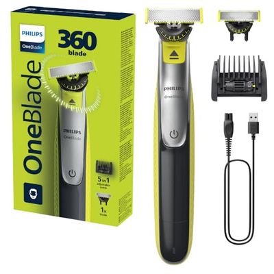 Philips OneBlade 360 Face, Autentico Regolabarba e Rasoio Elettrico, con l'Innovativa Lama 360, 2 Lame 360 per il Viso, Pettine Regolabile 5 in 1 (Modello QP2734/30)