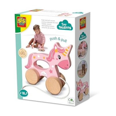 SES Creative 13137 - Unicornio de Madera 2 en 1, Madera Real, diseño Moderno, Hecho para niños de 18 Meses en adelante