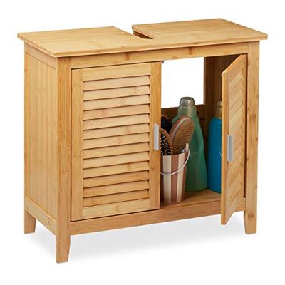 Relaxdays Armoire Dessous lavabo Bambou, 60x67x30 cm, 1 Grand Compartiment, 2 Portes, magnétique, Salle de Bain, Nature