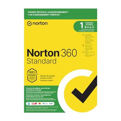 Norton 360 Standard 2024, antivirussoftware, internetbeveiliging, 1 Apparaat, 1 Jaar abonnement met automatische verlenging, Secure VPN en Password Manager, PC, Mac, tablet of smartphone, envelop