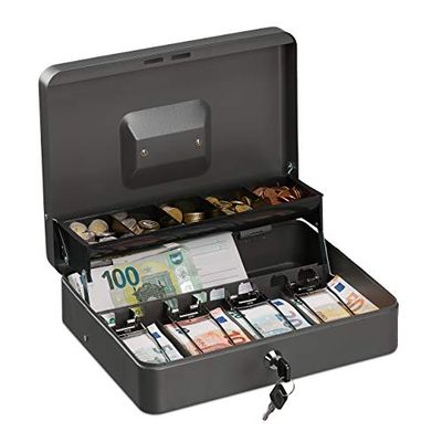 Relaxdays Caja Dinero con Llave, Bandeja Monedas y 4 Compartimentos Billetes, Cajita Hierro, 8,5x30,5x24,5 cm, Gris