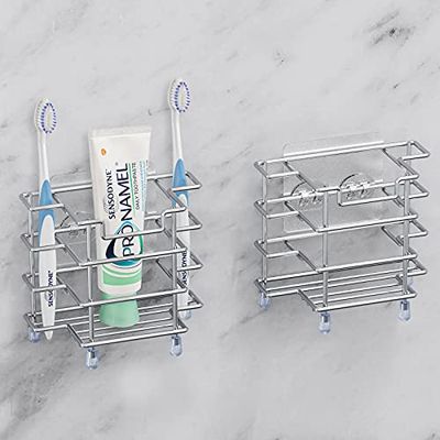 Linkidea 2 Pezzi Portaspazzolino da Parete, Portaspazzolino Elettrico in Acciaio Inox per Doccia Bagno, Autoadesivo 3 Fessure Spazzolino Dentifricio Rasoio Organizzatore da Appoggio (Argento)