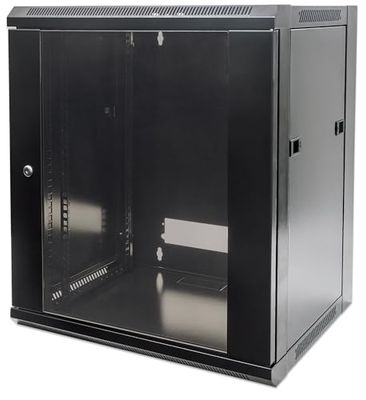 Intellinet Network Cabinet, Wall Mount (Standard), 12U, 450 mm Deep, Black, Flatpack, Max 60 kg, Metal & Glass Door, Back Panel, Removeable Sides, Suitable also for use on a desk or floor, 19 Inch