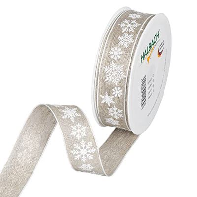 Halbach Seidenbänder Cadeaulint Kerstmis linnen 25 mm x 15 m cadeaulint natuur voor Kerstmis voor het inpakken van geschenken, lint linnen sneeuwster met draadranden