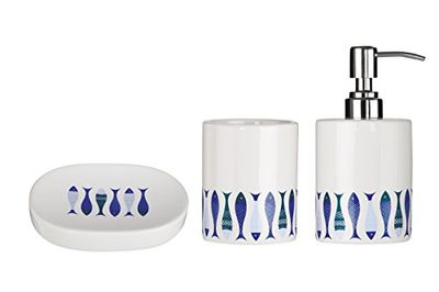 Premier Huishoudelijke Vissen Badkamer Set-Wit/Blauw-3 Stuk, Dolomiet, 21 x 25 x 10 cm