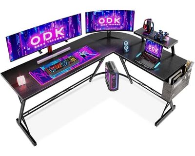 ODK Gaming tafel, gamingbureau hoekbureau voor gamers, bureau L-vorm met monitorstandaard voor kantoor (Zwart, 167 x 120 cm)