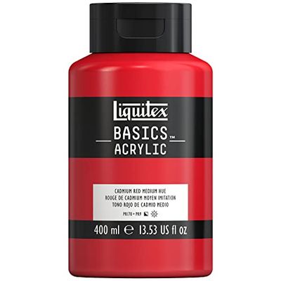 Liquitex 8870319 Basics – akrylfärg, monopigmenterade konstnärspigmenterade ljusäkta, medelviskositet, arkivkvalitet, sidenglänsande finish, 400 ml flaska – kadmiumröd medelnyans