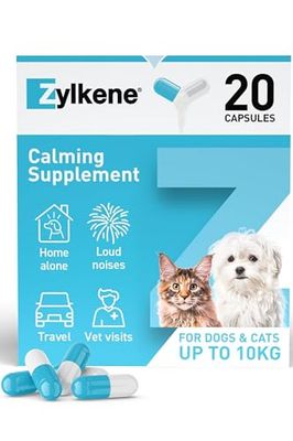 Zylkene Calming Supplements for Cats & Dogs up to 10kg 75mg | Helps Ease Pet Anxiety | Helps Pets cope with Short-Term challenging situations | Easily Administered | 20 Capsules, Packaging May Vary