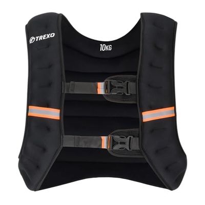 TREXO Gewogen trainingsvest 10 kg vulling stalen ballen universele maat reflecterende bandjes gewogen running kracht training zwart WV-10