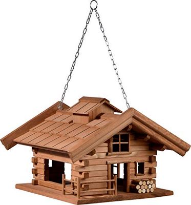 dobar® Green Label 98732FSCe Mangeoire à Oiseaux à Suspendre Motif cabane et Oiseaux en Bois Massif avec chaîne à Suspendre Marron 37 x 37 x 26 cm