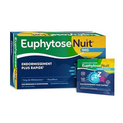 EuphytoseNuit® - Complément alimentaire adulte - Mélatonine 1mg - Endormissement plus rapide - Passiflore : Sommeil de qualité - 30 comprimés + 2 gommes Myrtille EuphytoseNuit
