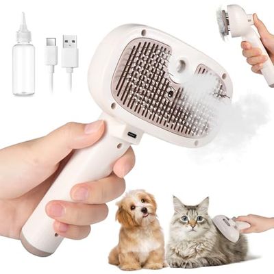 Brencco Stoomborstel voor katten en honden, zelfreinigende kattenborstel met stoomborstel, oplaadbaar, stoomborstel voor katten en honden, lang/kort haar