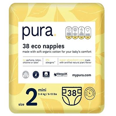 Pura Couches Bébé, Taille 2 (Mini 3-6 kg), 38 Couches (1 Paquet), Certifiées EU Ecolabel, Adaptées Aux Peaux Sensibles, Ultra-Absorbantes, en Coton Biologique, Sans Parfum, Indicateur D'humidité