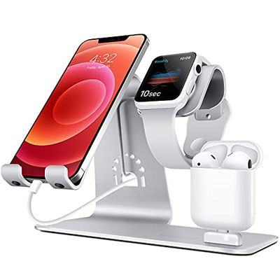 Bestand 3-in-1 Apple iWatch Stand, Airpods Charger Dock, Telefoon Desktop Tablet Houder voor Airpods, Apple Watch/iPhone X/8 Plus/8/7 Plus/iPad, Zilver (Patenten, Airpods Opladen Case NIET Inbegrepen)