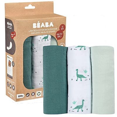 BÉABA, Lot de 3 Langes Bébé, Mousseline de Coton Biologique, Multi-usages : Bavoir, nomade, Doudou, Ultra doux, Respirant,70x70, Ecologique et Sain, Motif Jurassique