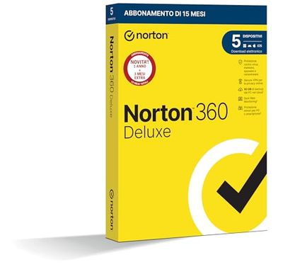 Norton 360 Deluxe 2025, Antivirus per 5 Dispositivi, Licenza di 15 Mesi, Pc, Mac, Tablet e Smartphone