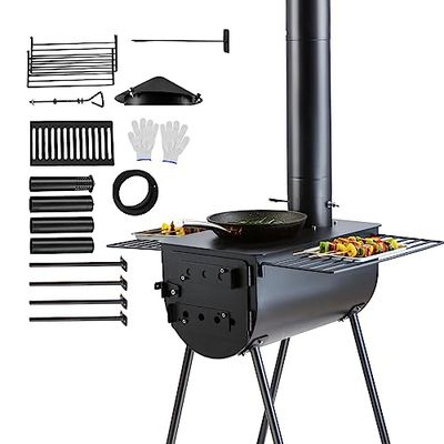 VEVOR Houtkachel, 229,7cm, Gelegeerd Staal Campingtentkachel, Draagbare Houtkachel met Schoorsteenpijp en Handschoenen, 49161cm³ Firebox Hot Tent-Fornuis voor Koken en Verwarming buiten met 8 Pijp